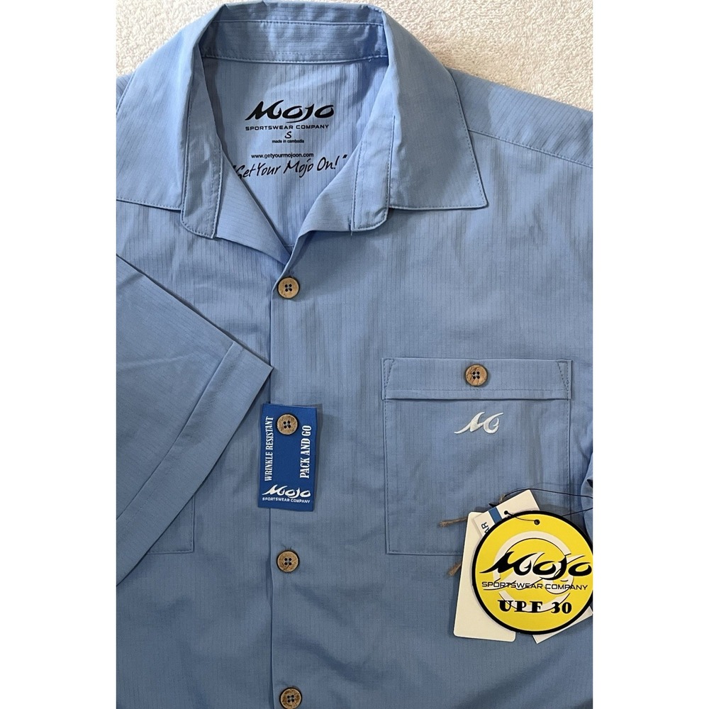 NWT‎ MOJO Performance Wear Varadero Bay SS Fishing Shirt Button Heron Blue Cuban
